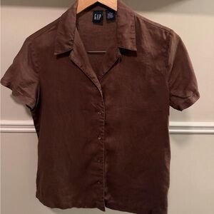 Vintage GAP 100% Linen Brown Button Front Shirt Medium Y2K Minimalist